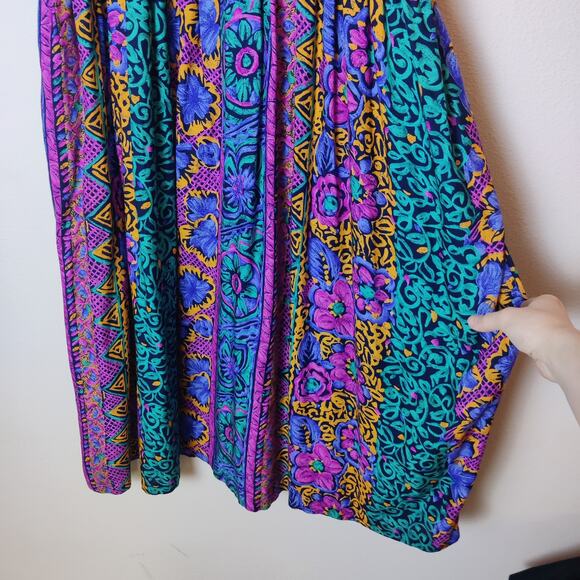 Vtg 90s More Jazz Colorful Abstract Artsy Smocked Tie Back Kaftan Midi Dress 3X - Picture 4 of 8